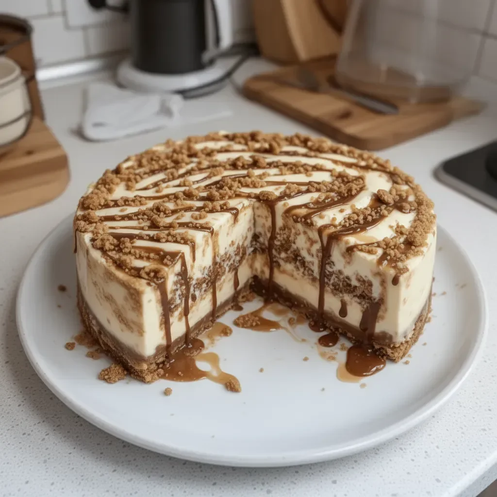 Pastel de Café y Queso recién horneado sobre una mesa de madera