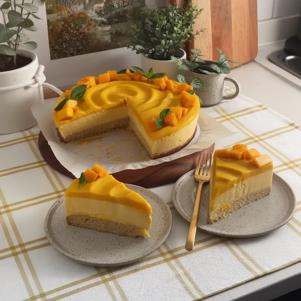 Pastel de mousse de mango decorado con frutas frescas