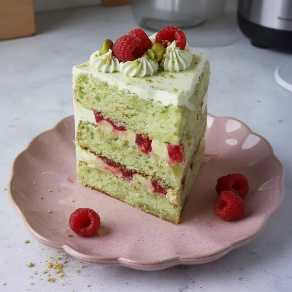 Pastel de Pistacho y Frambuesa decorado con frutas frescas y crema suave