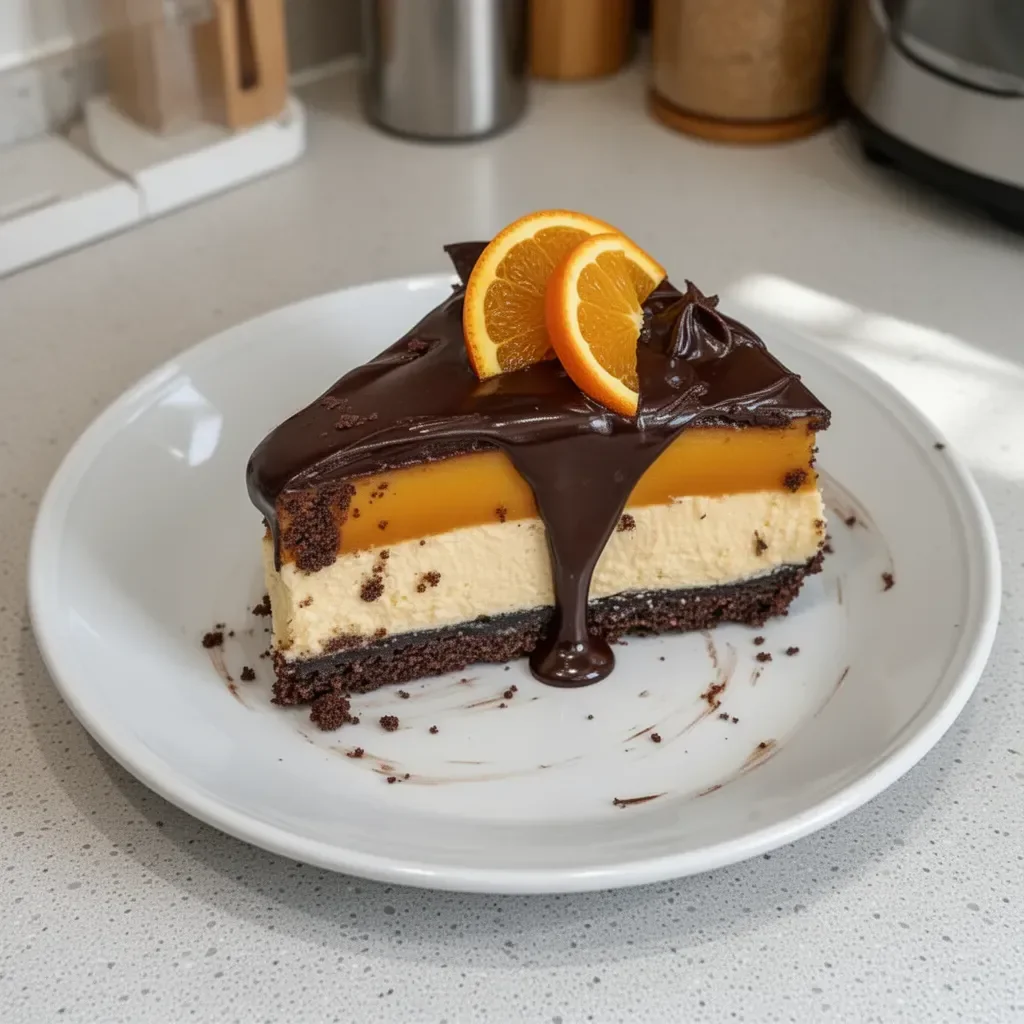 Pastel de queso de chocolate y naranja en un plato decorativo