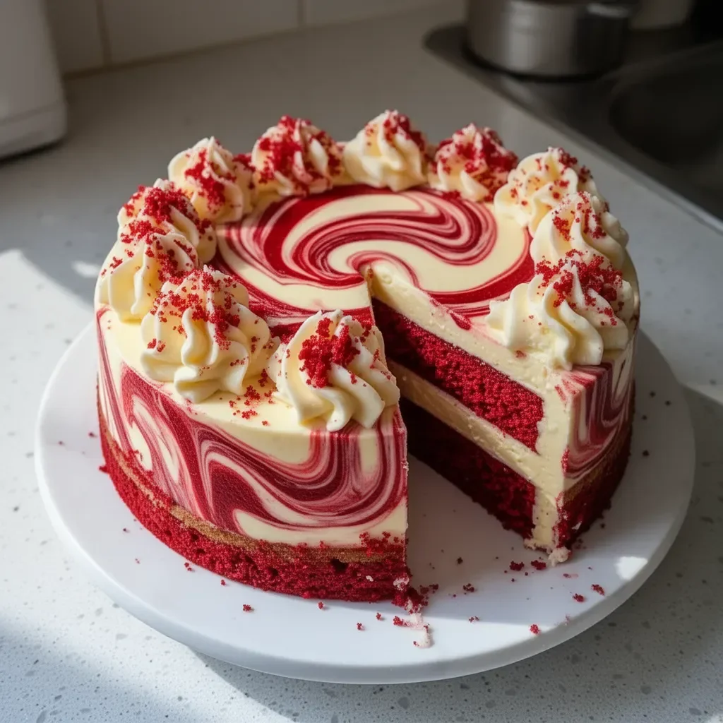 Pastel de Red Velvet con remolino de queso crema sobre fondo blanco