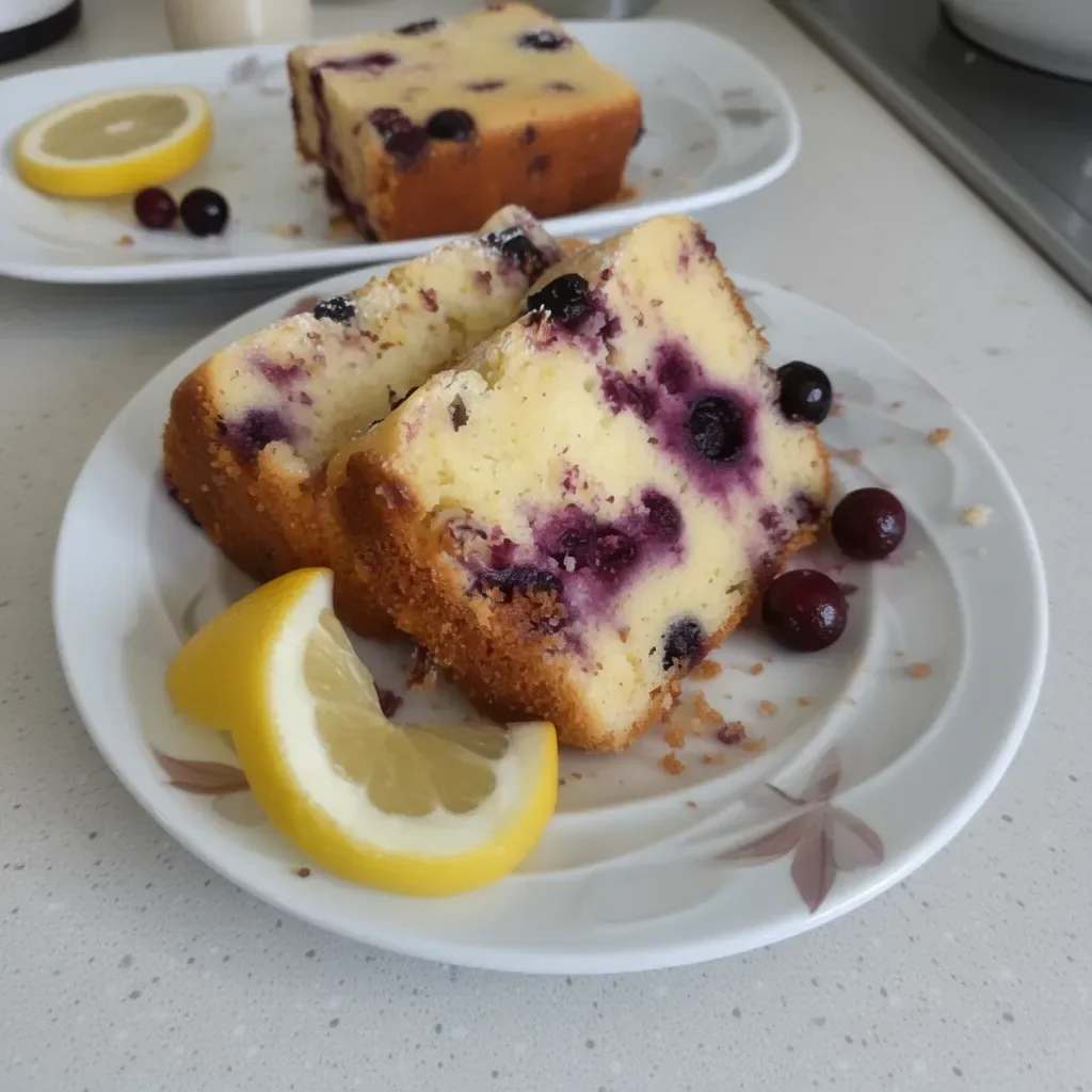 Pastel de Yogur de Limón y Arándano Suave y Húmedo en un plato decorativo