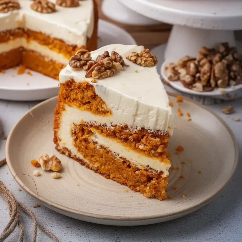 Delicioso pastel de zanahoria con queso crema decorado y listo para servir