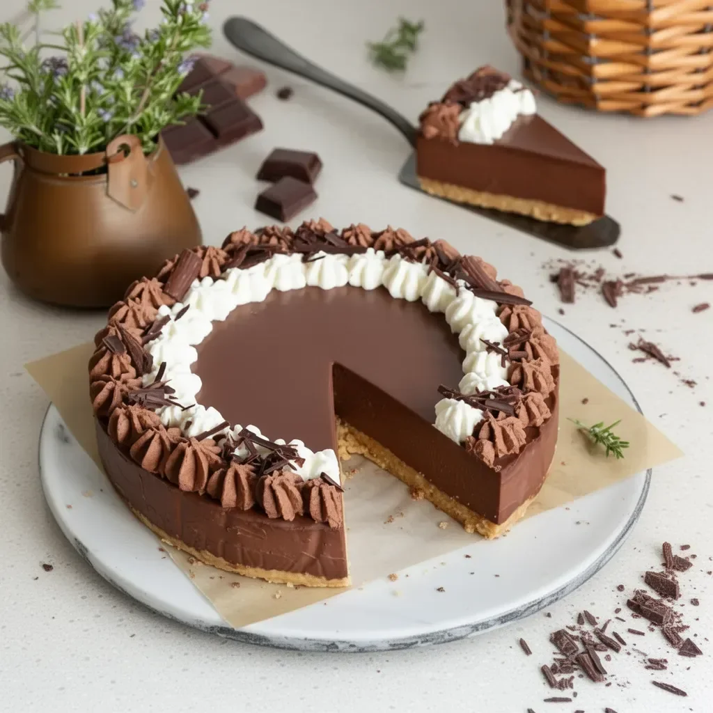 Delicioso pastel frío de chocolate decorado en un plato