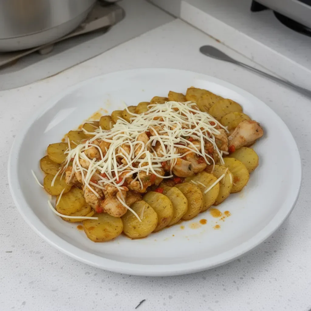 Plato de pechuga de pollo con patatas al horno recién cocinado