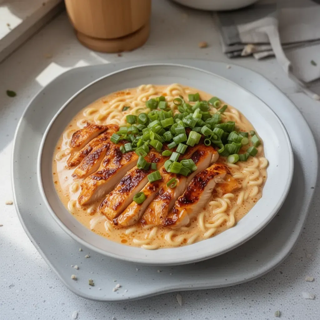 Plato de Pollo al Ramen Picante con Salsa Cremosa listo para servir.