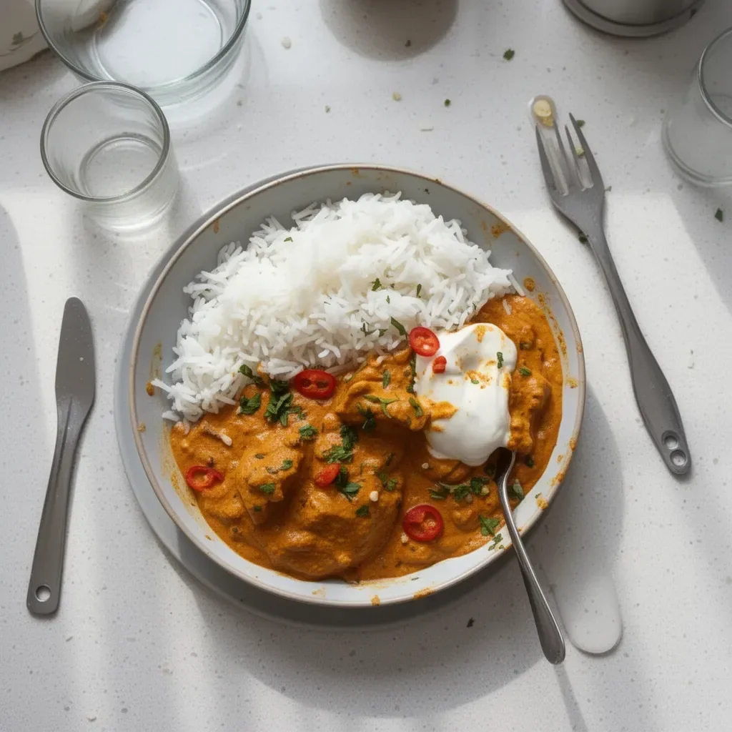 Plato de Pollo Tikka Masala, curry de pollo con especias y salsa cremosa
