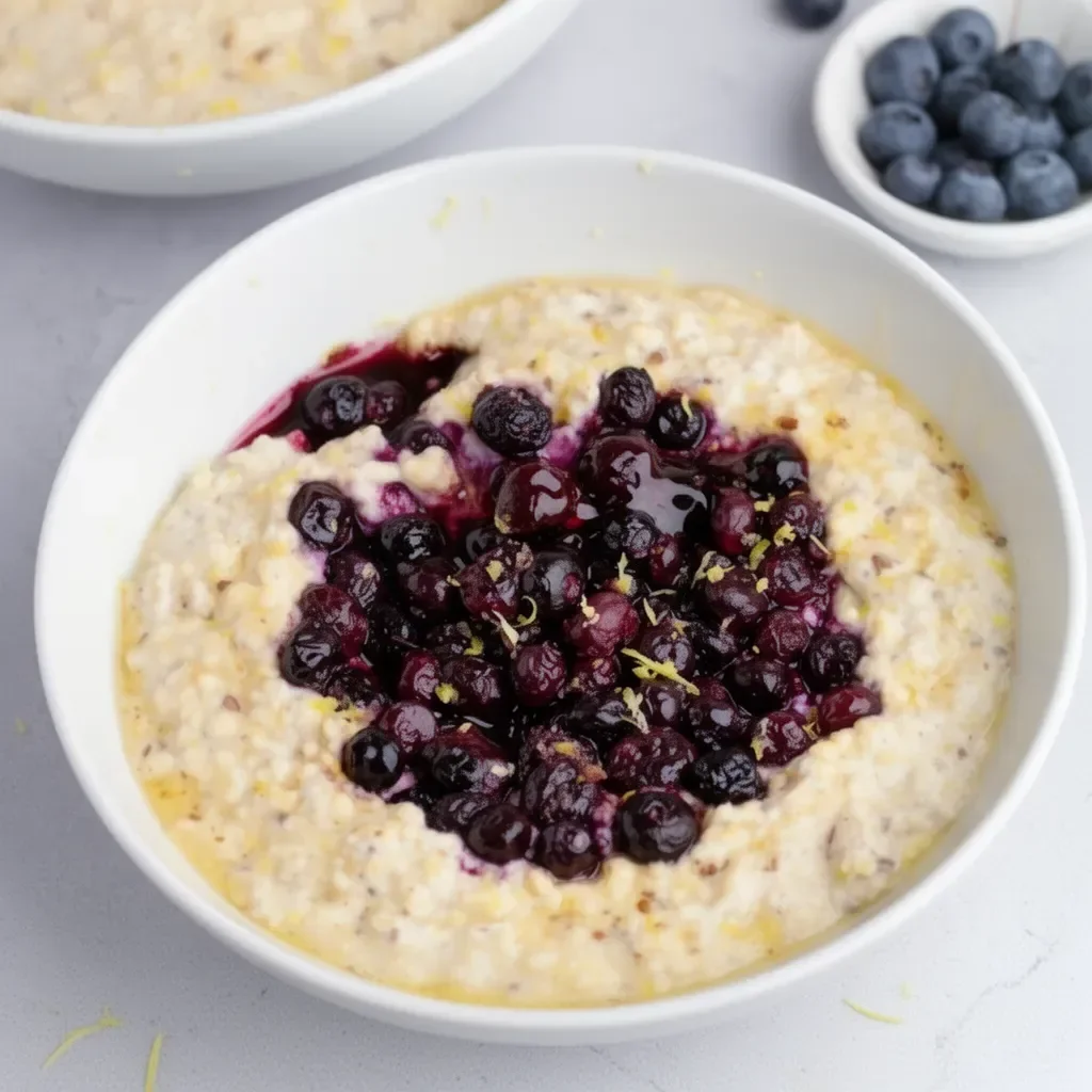 Porridge de queso crema de limón y arándanos saludable en un tazón