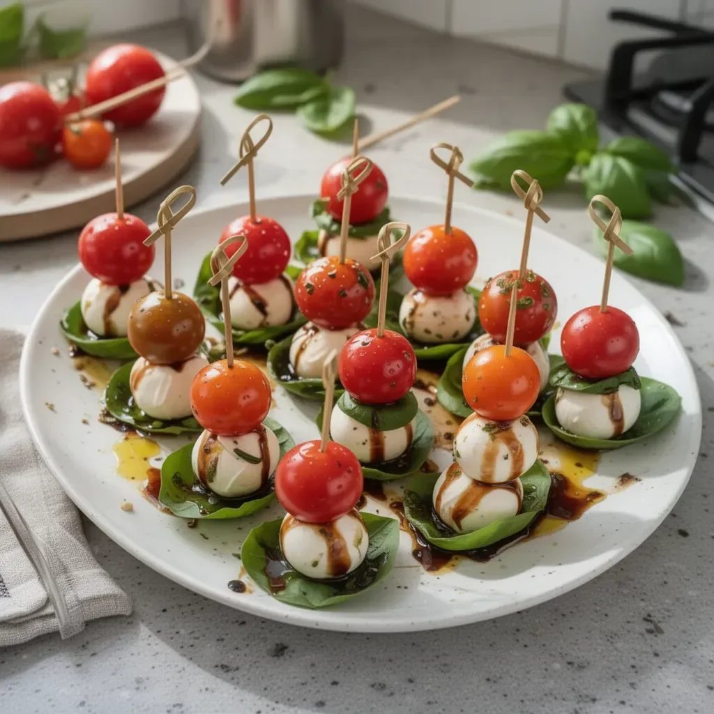Deliciosas brochetas caprese con tomate, mozzarella y albahaca fresca.