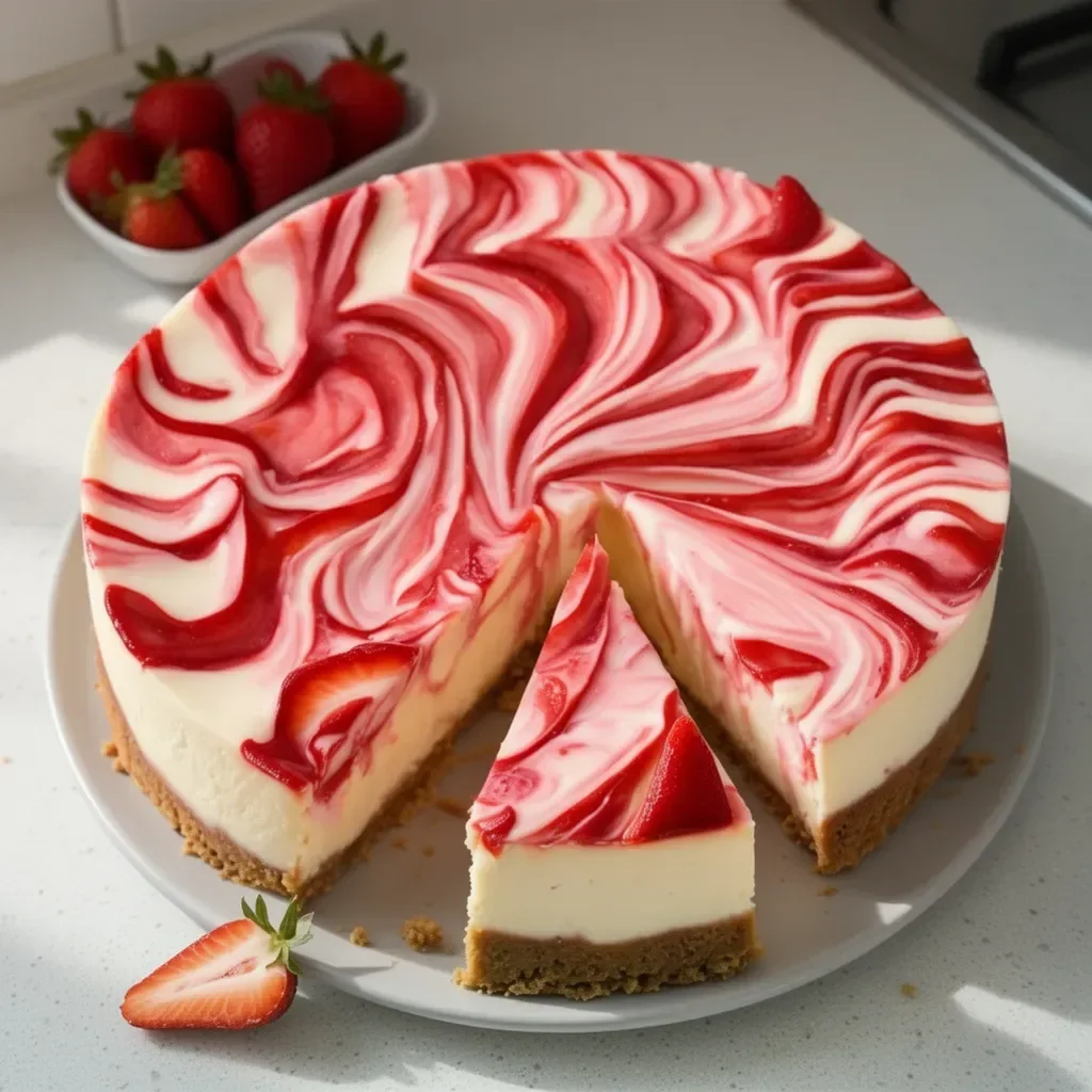 Cheesecake de remolino de fresa con fresas frescas y crema suave