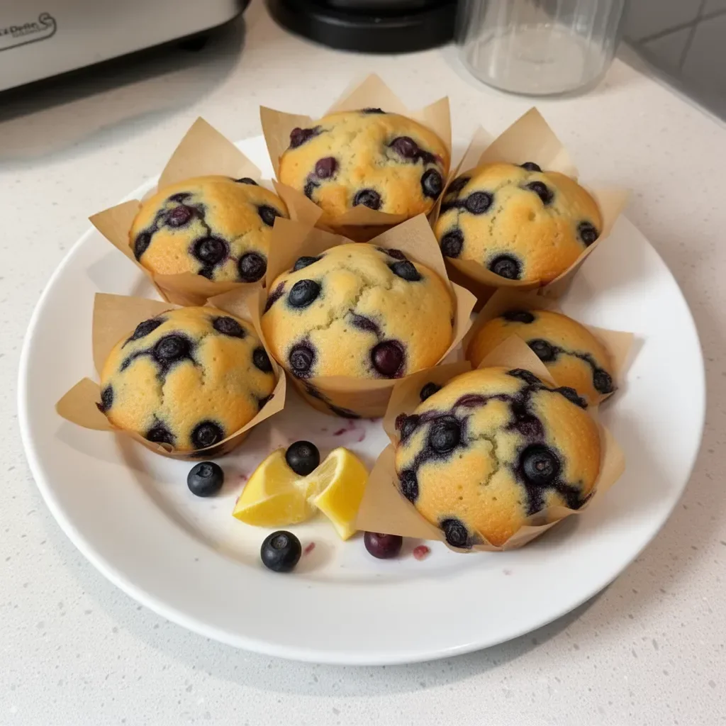 Muffins de arándano frescos al estilo Starbucks sobre una mesa de madera