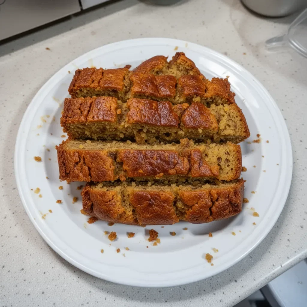 Rebanadas de pan de plátano húmedo recién horneado