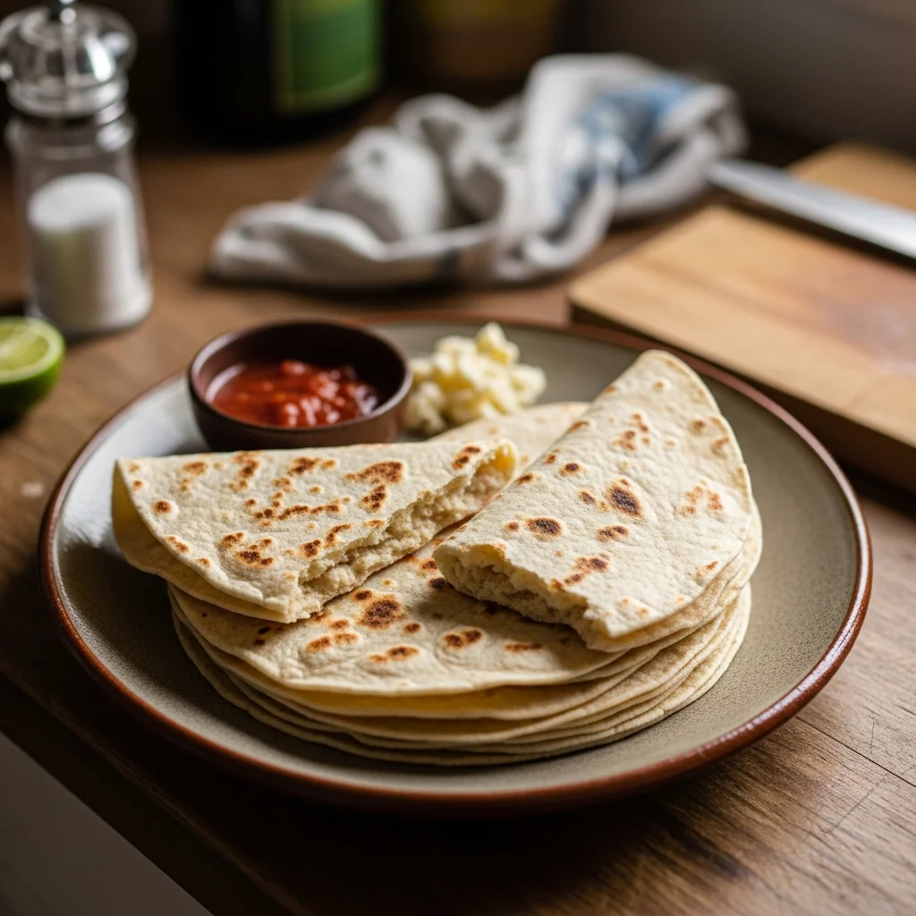 Tortillas de harina caseras recién hechas sobre una mesa de cocina.