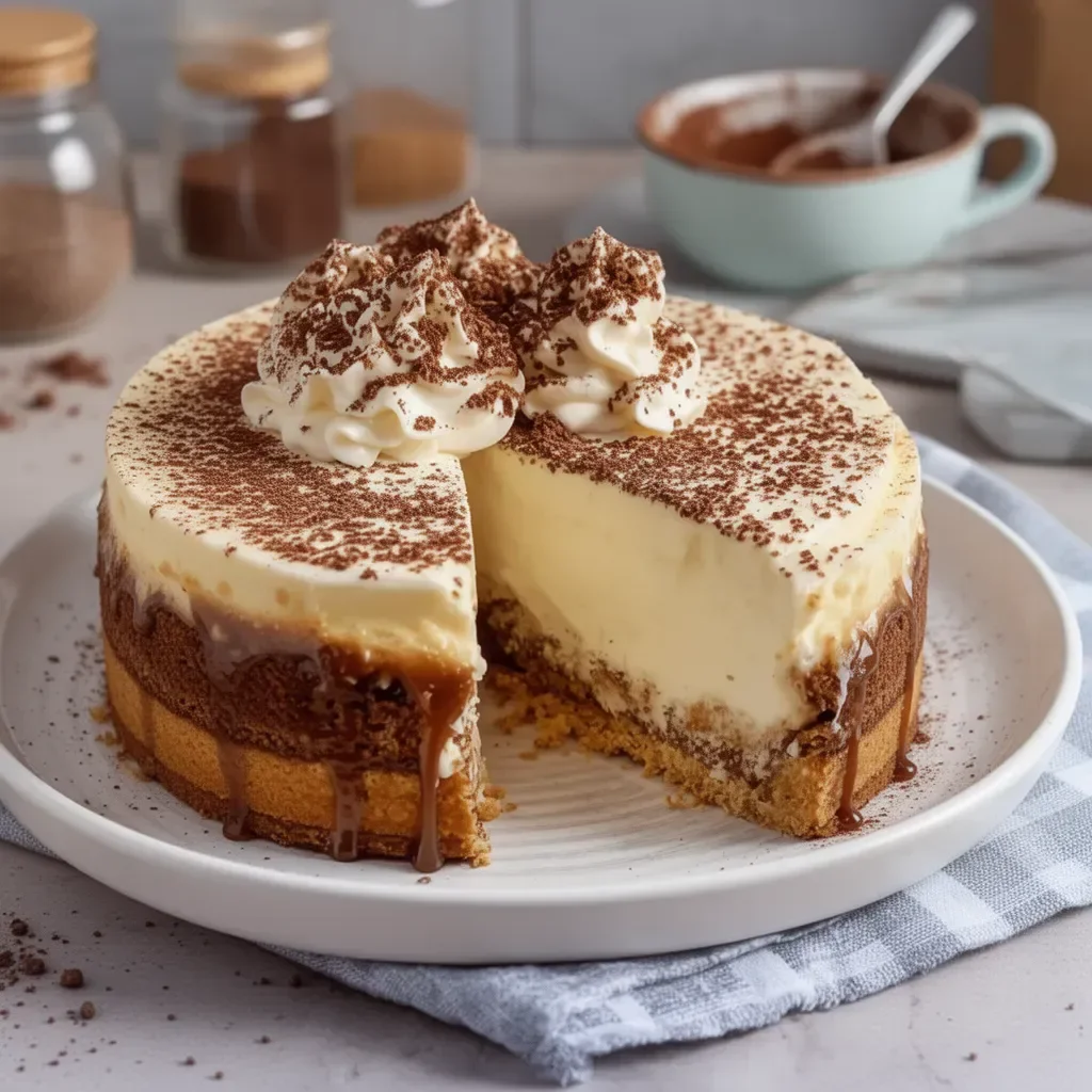 Cheesecake de tiramisú decorado con cacao y café, postre fácil y delicioso.
