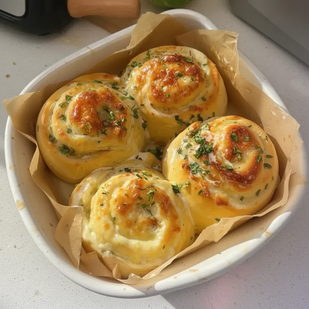 Rollos de queso mantecoso con ajo preparados en un plato