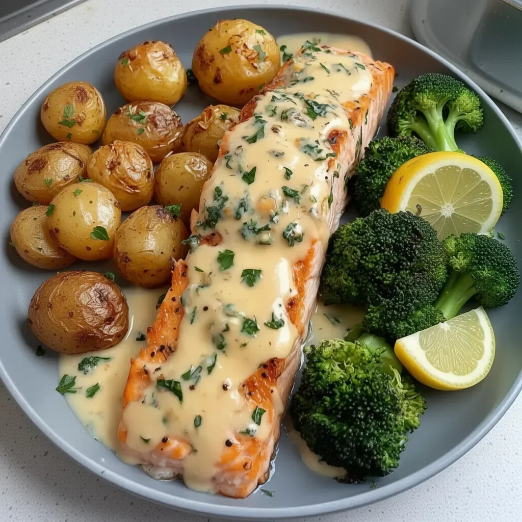 Plato de salmón con mantequilla de limón, papas crujientes y brócoli.