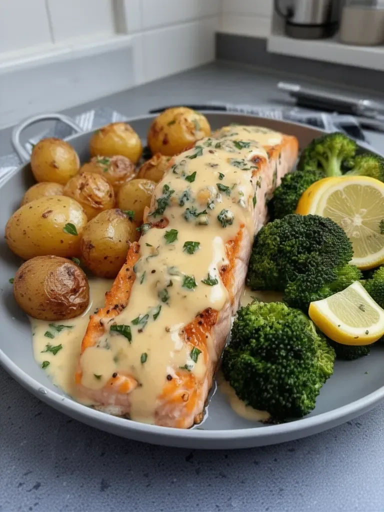 Salmón con Mantequilla de Limón, Papas Crujientes y Brócoli
