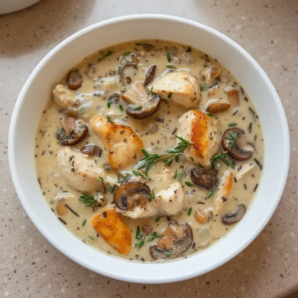 Sopa cremosa de pollo con champiñones y arroz salvaje en un tazón