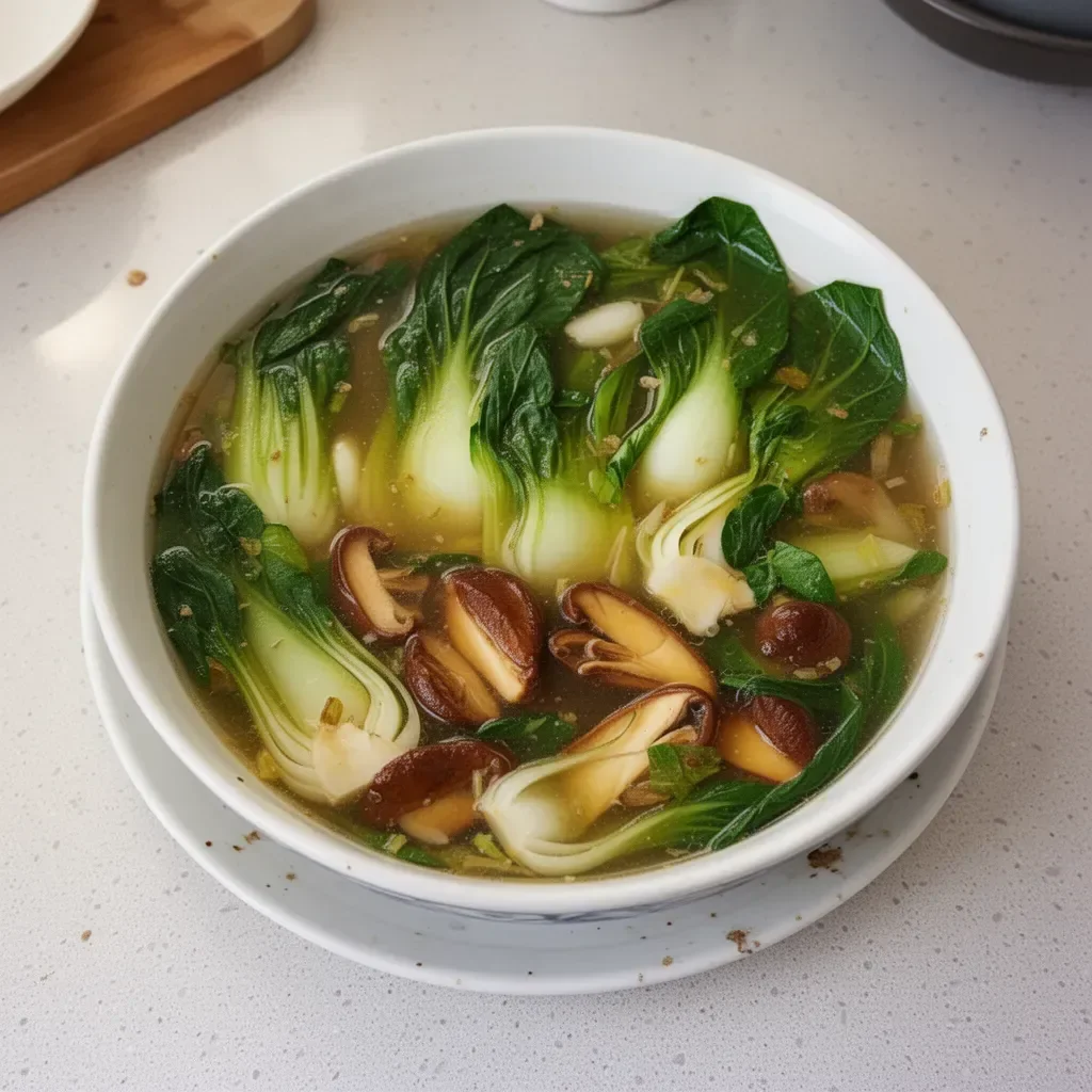 Tazón de sopa de bok choy caliente con verduras frescas y fideos.