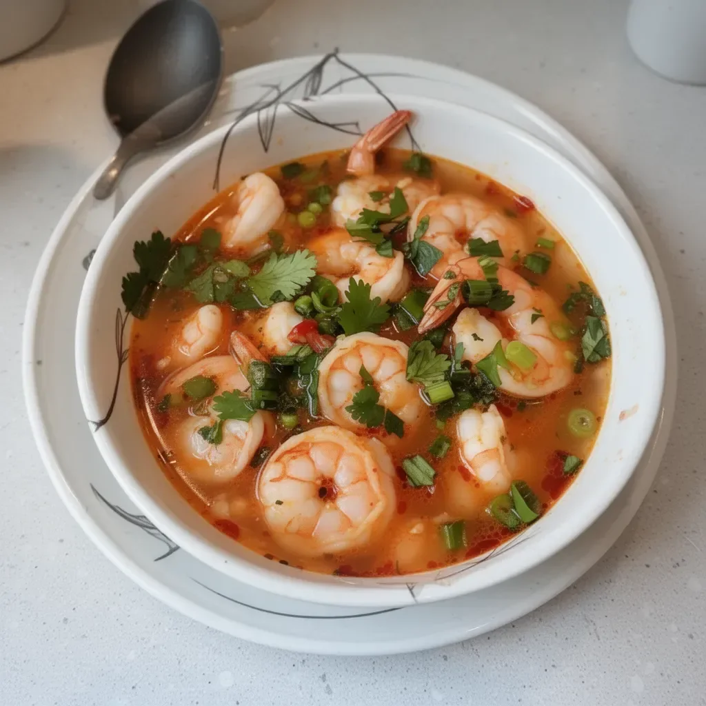 Tazón de sopa de camarones rápida y picante con ingredientes frescos