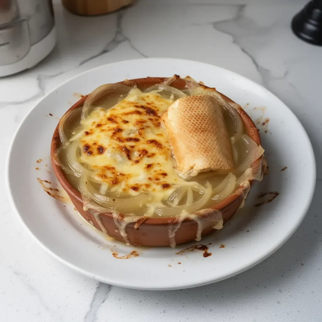 Sopa de Cebollas Gratinada servida en un bol con queso derretido