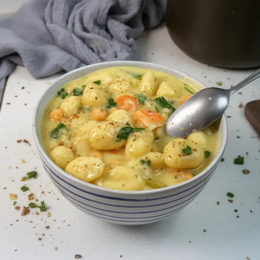 Plato de Sopa de Gnocchi Vegana servido en un tazón colorido
