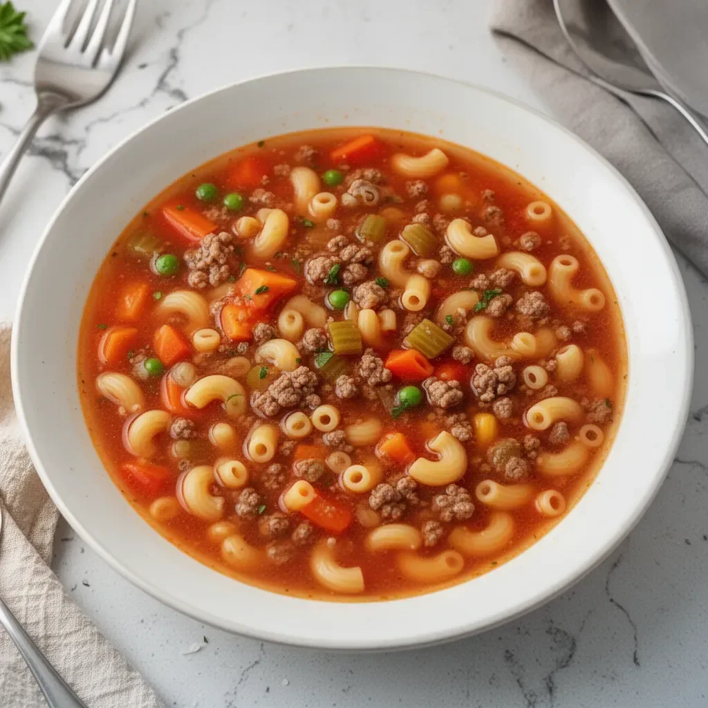 Sopa de Pasta con Carne Molida Italiana en un plato hondo con perejil fresco.