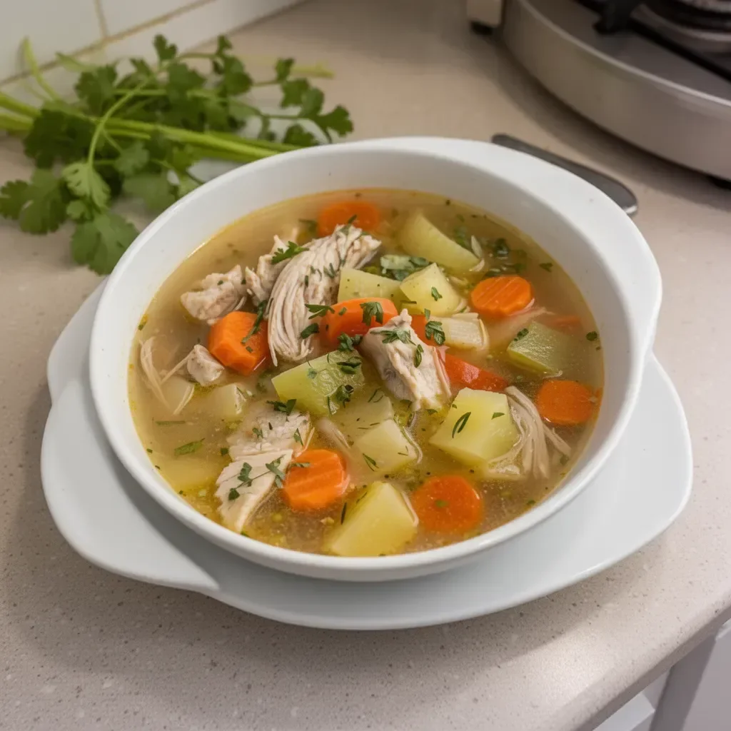 Sopa de Pollo Casera caliente servida en un tazón