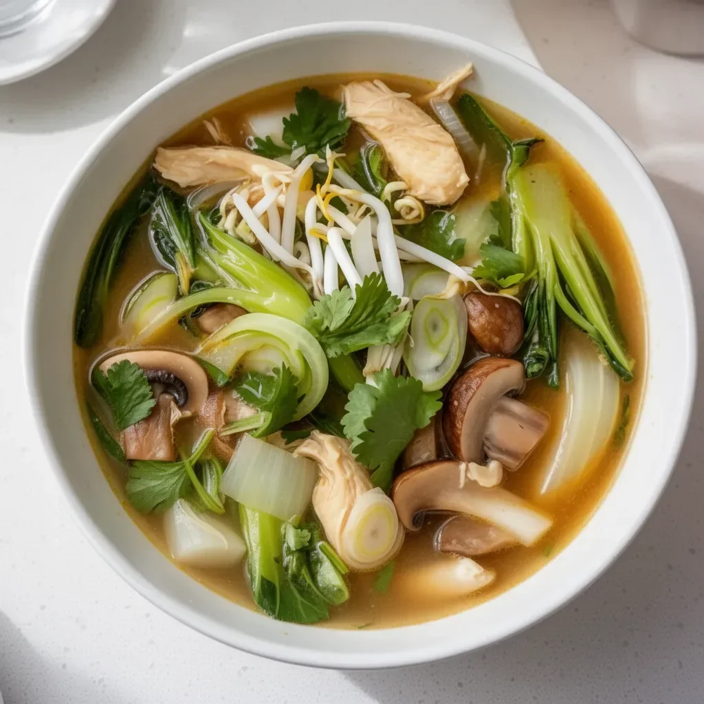 Sopa de pollo con bok choy en un tazón caliente y humeante.