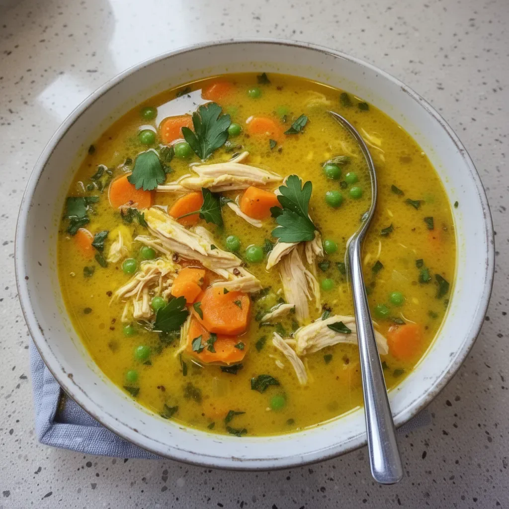 Sopa de Pollo con Cúrcuma Antiinflamatoria servida en un tazón