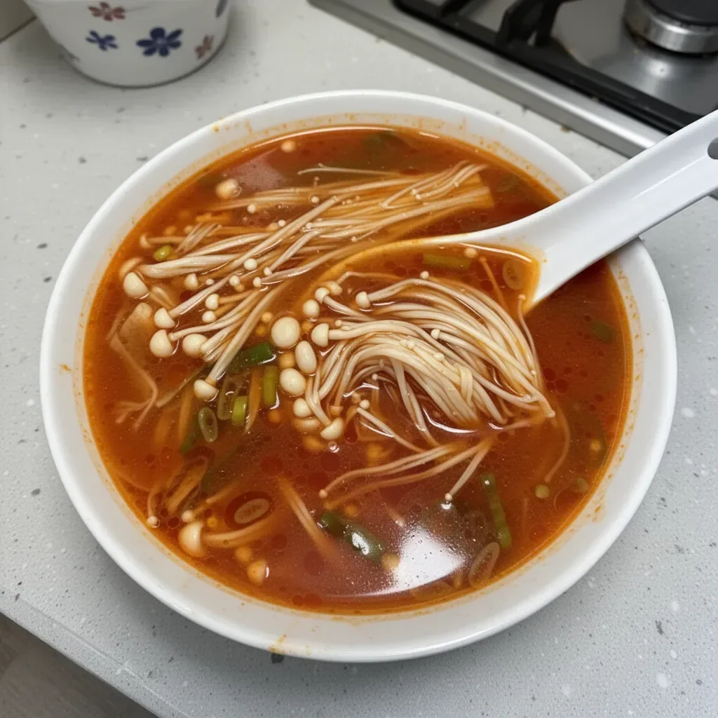 Sopa de tomate y champiñones Enoki en un tazón con hierbas frescas
