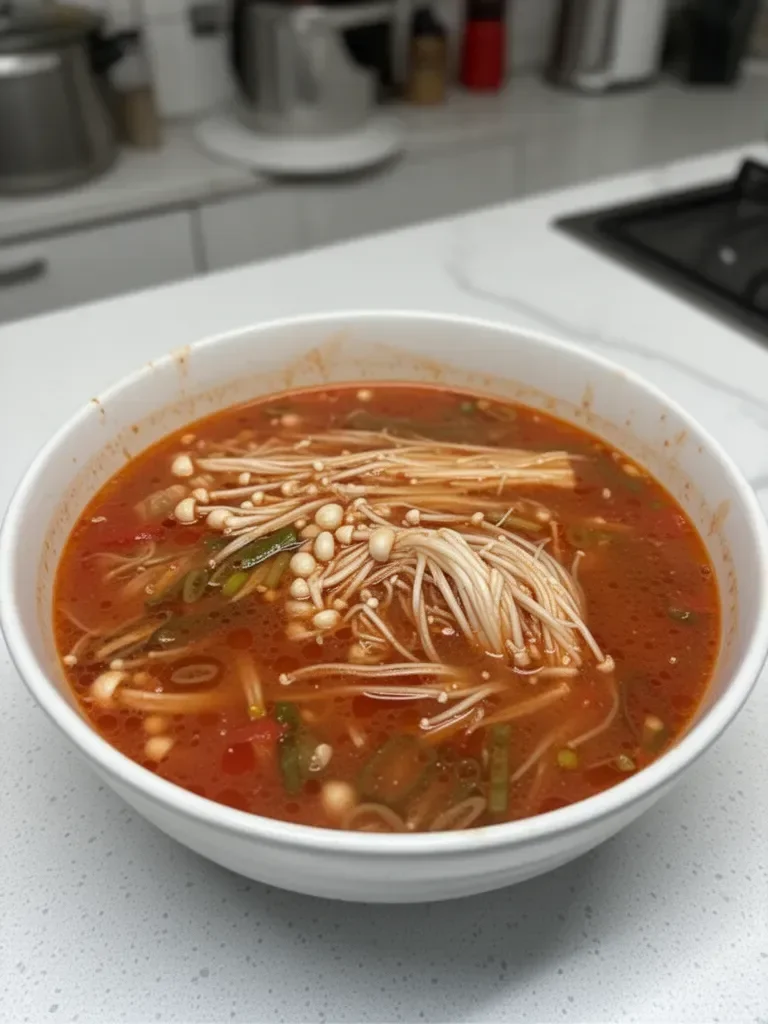 Sopa de Tomate y Champiñones Enoki