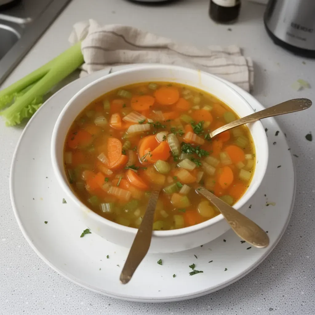 Sopa de zanahoria y apio en un tazón, lista para servir.