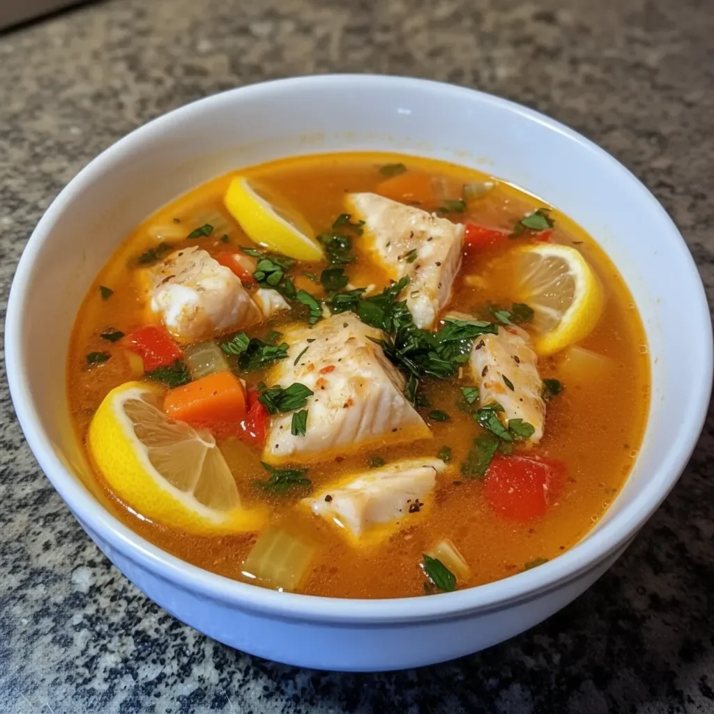 Sopa picante de pescado con limón en un plato colorido y apetitoso.