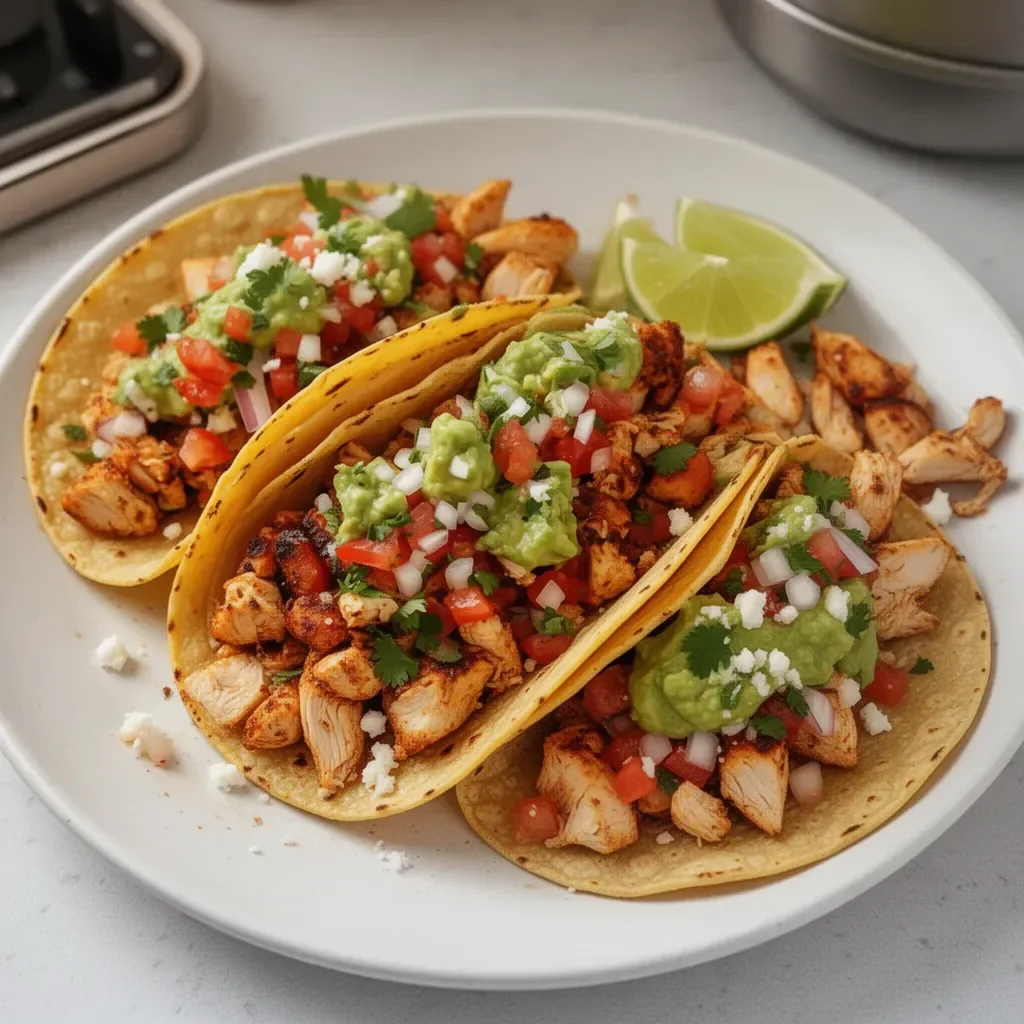 Tacos callejeros de pollo recién preparados con salsa y guarniciones