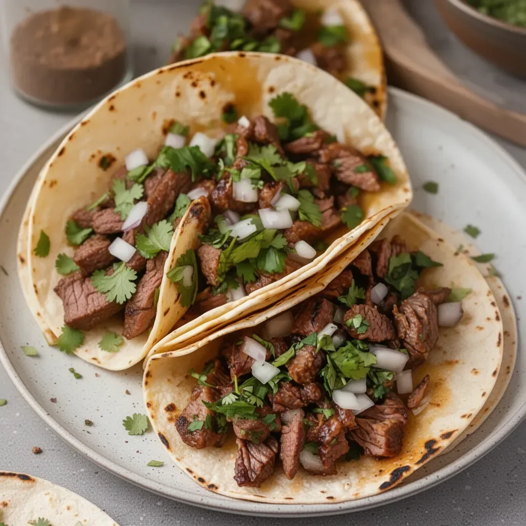 Tacos de carne asada con guarniciones frescas y salsa