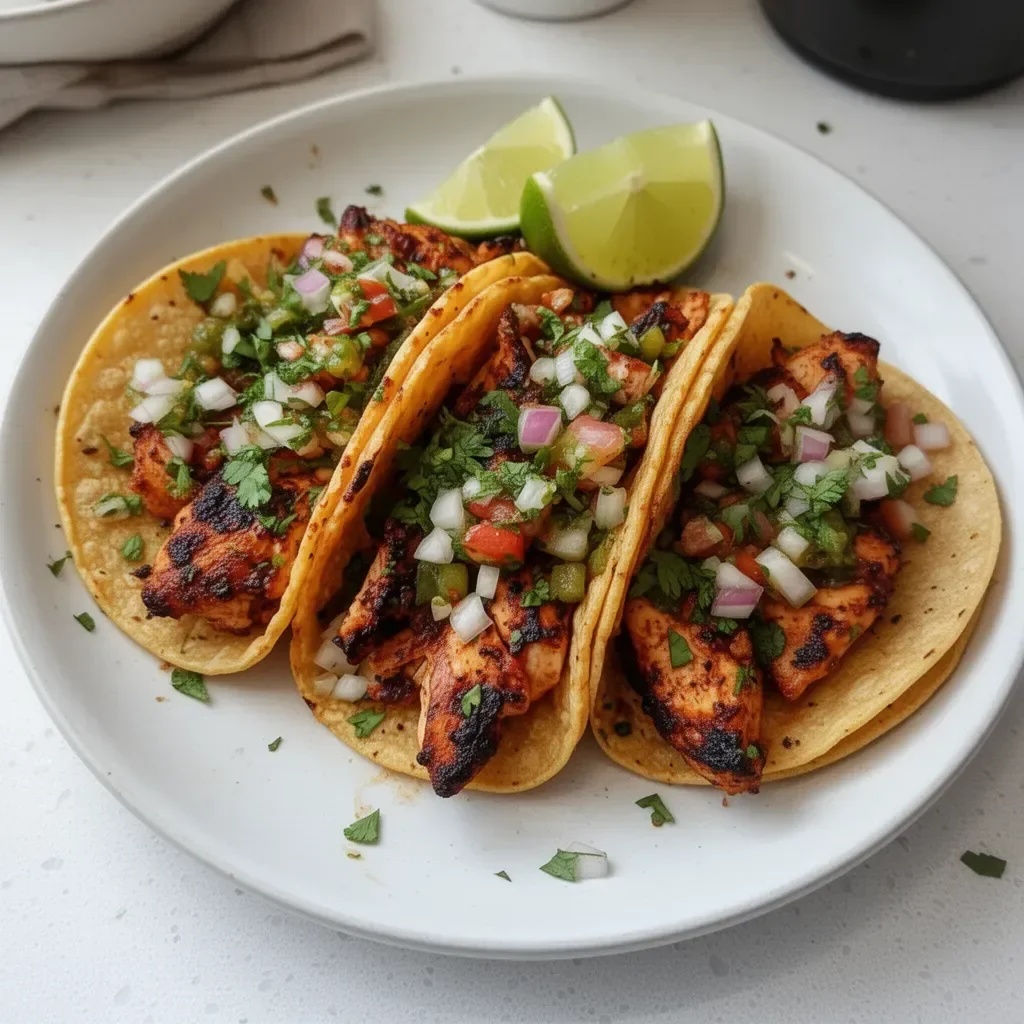 Tacos de Pollo Callejeros servidos con salsa y cebolla en un plato colorido