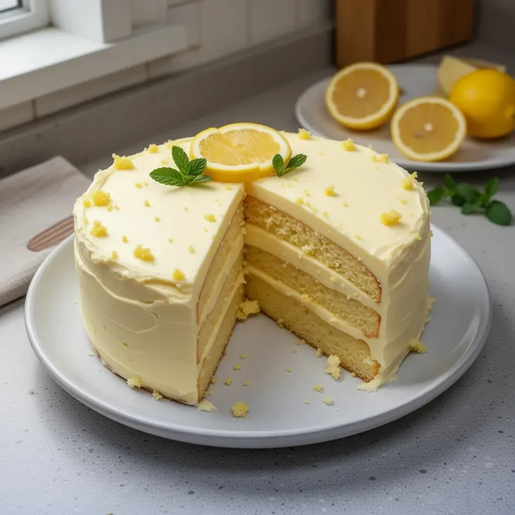 Tarta de Mascarpone con Limoncello decorada con limón y menta fresca