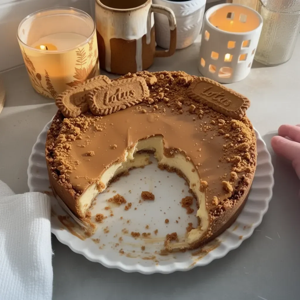Tarta de queso Biscoff decorada con galletas y crema, deliciosa y fácil de hacer.