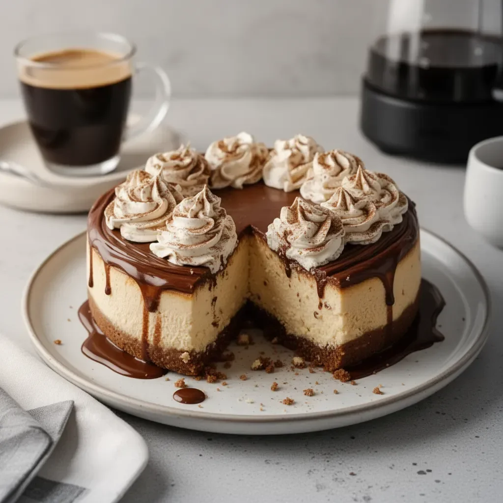 Tarta de Queso con Café decorada lista para servir