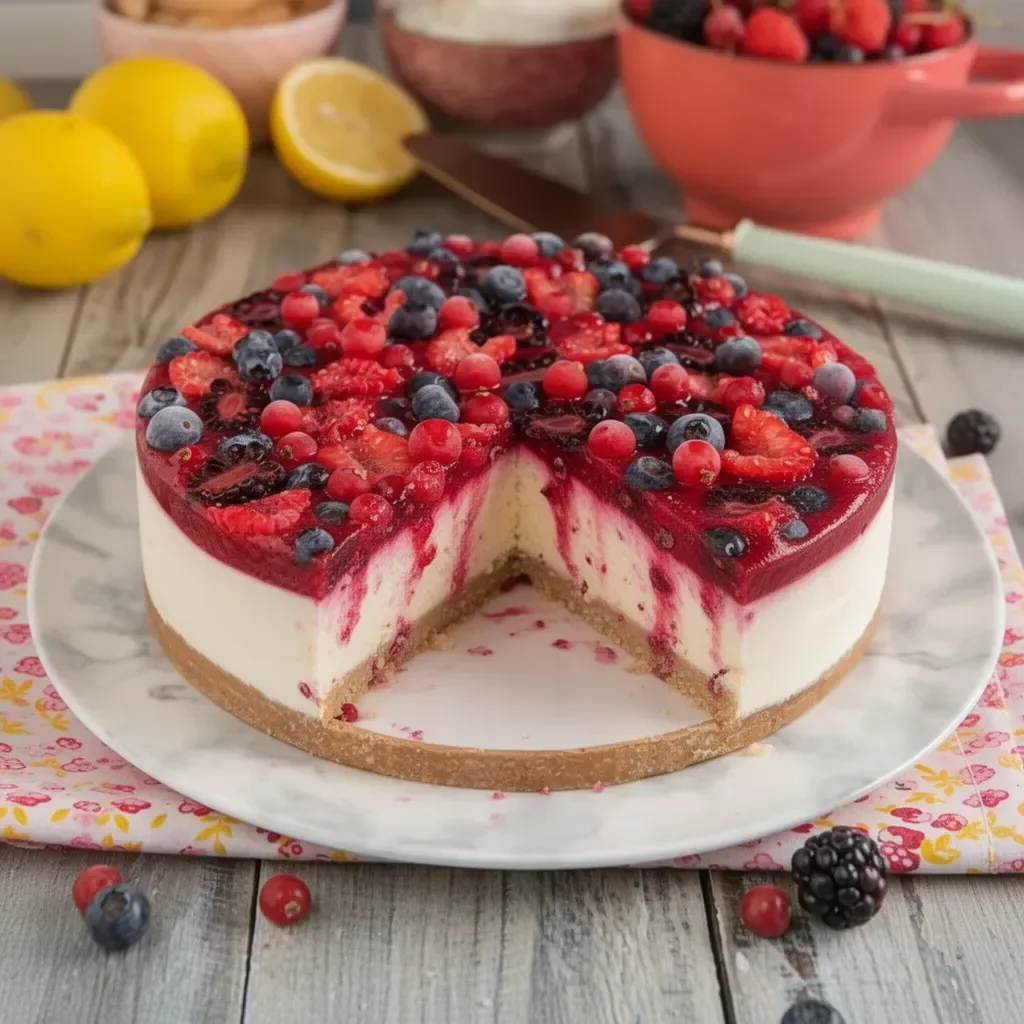 Tarta de queso con frutti di bosco en un hermoso plato