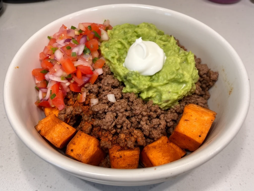 Tazón de Tacos de Batata con ingredientes frescos y coloridos