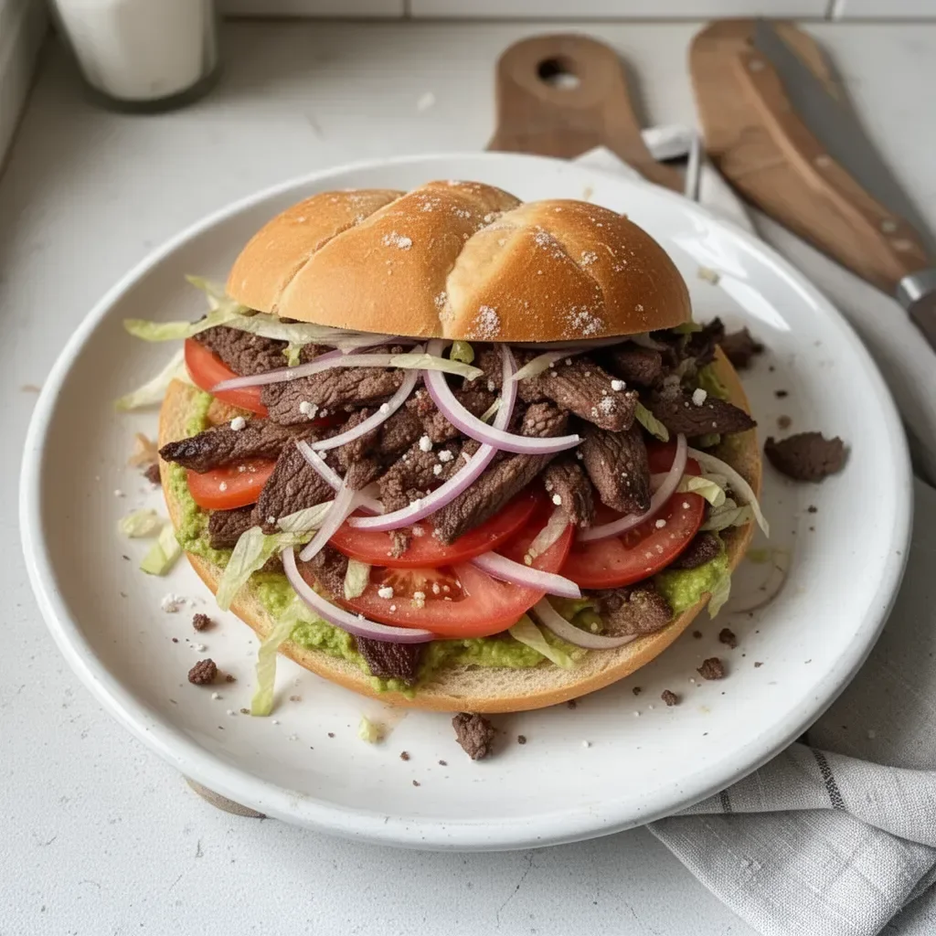 Torta de carne asada con guarniciones frescas y salsa