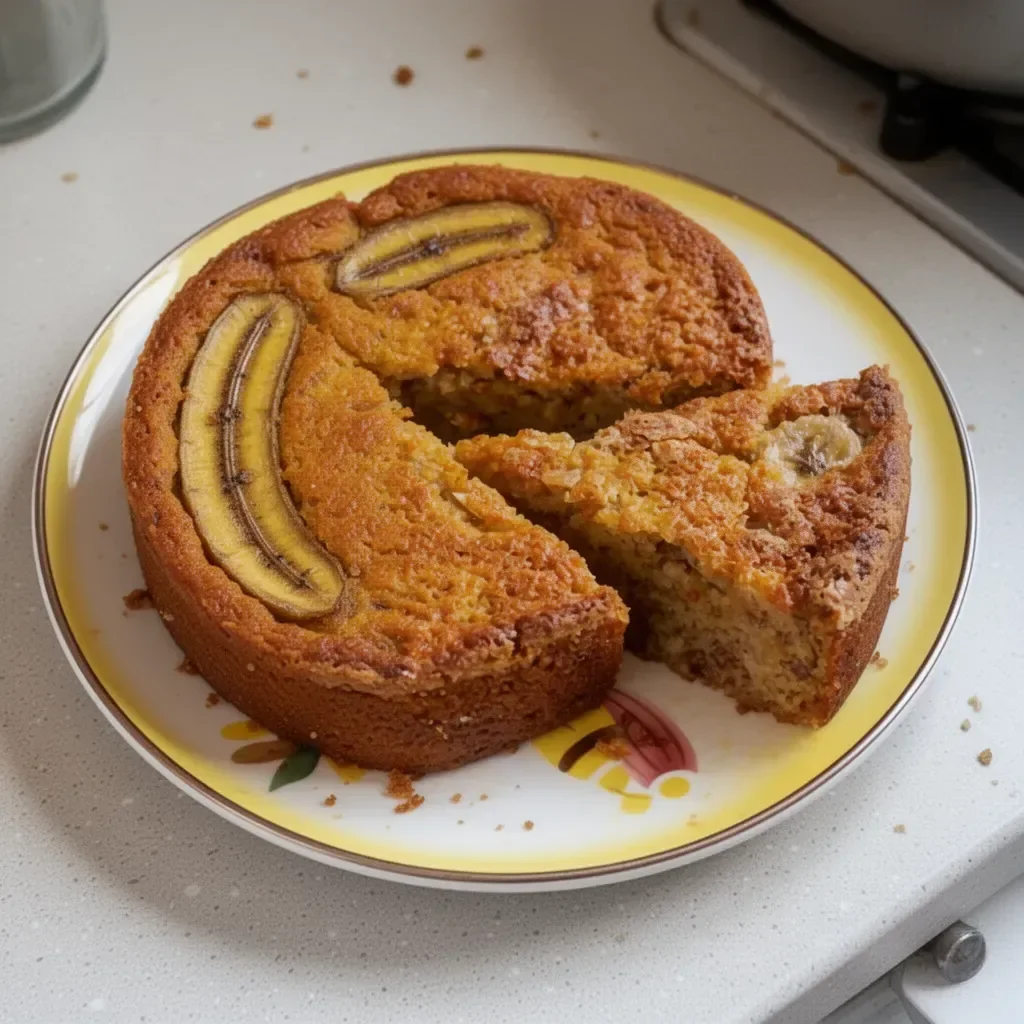 Torta de plátano maduro recién horneada en un plato de cerámica