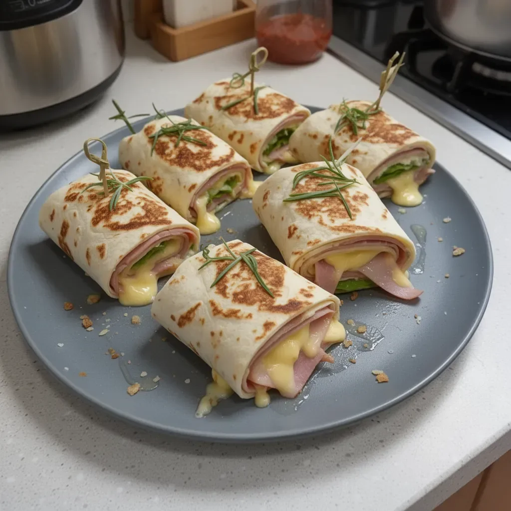 Wraps de queso y jamón listos para disfrutar, ideales para un snack o comida rápida.