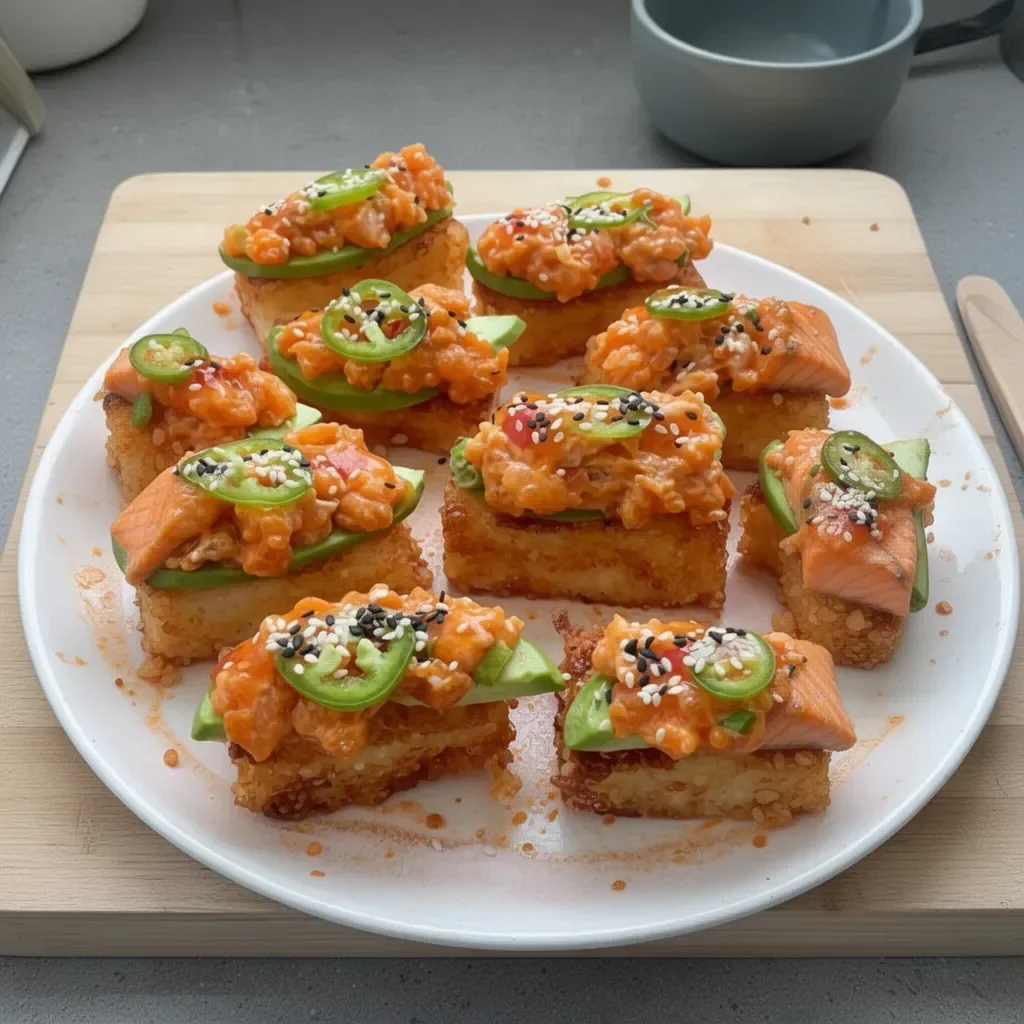 Plato de Arroz Crujiente con Salmón Picante, una deliciosa receta