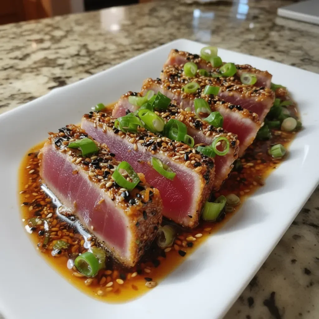 Atún Ahi sellado con toques de sabores asiáticos en un plato atractivo.