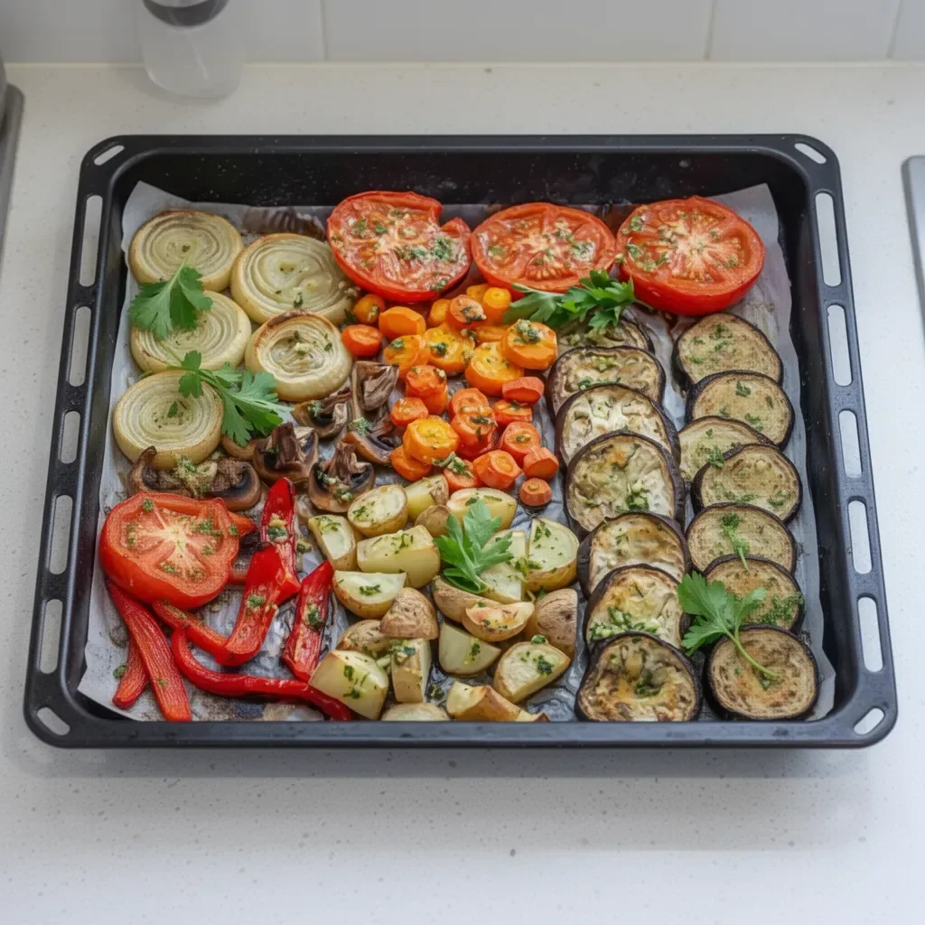 Bandeja de verduras al horno coloridas y saludables lista para servir.
