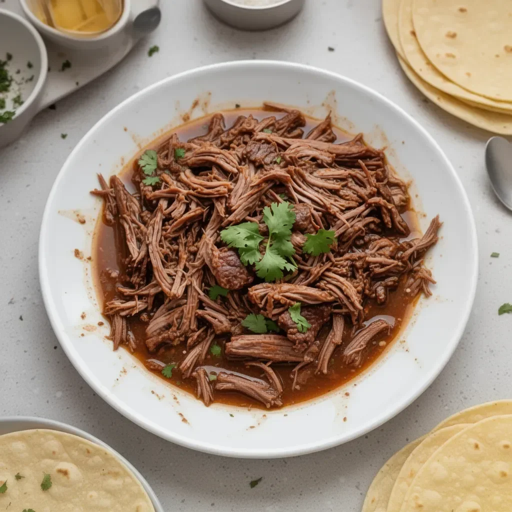 Barbacoa mexicana cocinada en olla de cocción lenta, lista para servir.