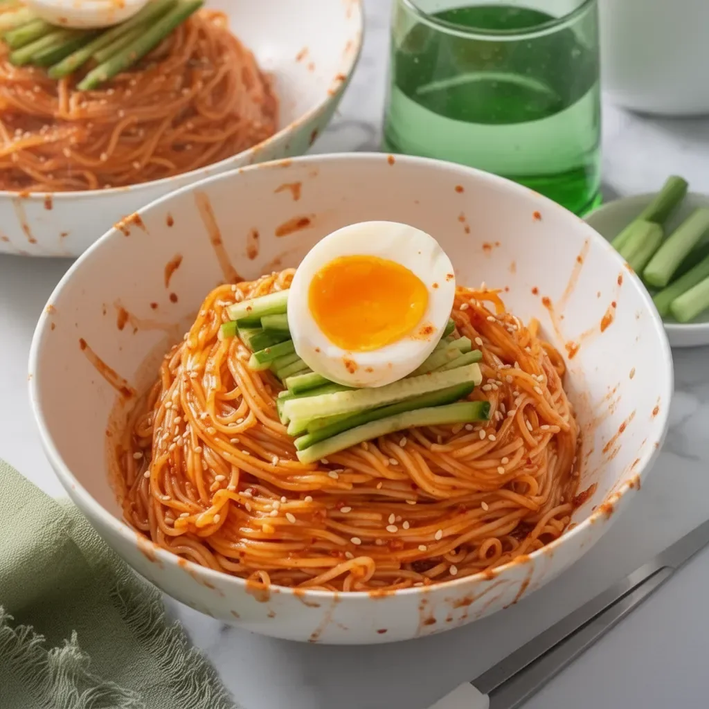 Plato de Bibim Guksu, fideos fríos picantes con vegetales frescos